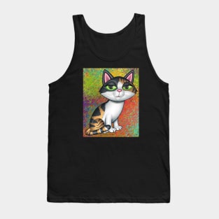 Cute Calico Kitty on green, red, purle, and yellow swirls Tank Top